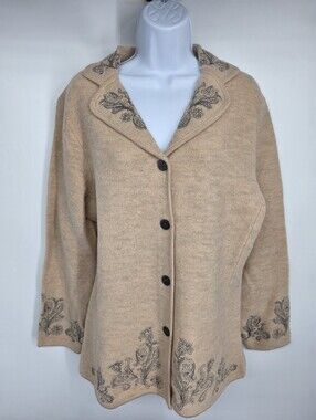 PENDLETON Tan Paisley Embroidered Knit Cardigan Sweater Jacket Size M Beige